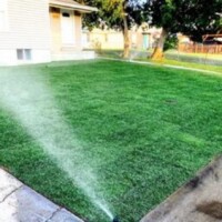 sprinkler watering backyard lawn