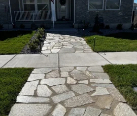 A stone walkway leads to the front door of a single-story stone and siding house.