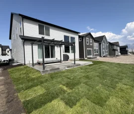 A row of modern suburban houses with a new grass lawn in the foreground and a patio pergola on the closest home.
