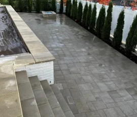 A paved patio with stone steps, a long water feature, and a small fire pit, lined with a row of evergreen trees.